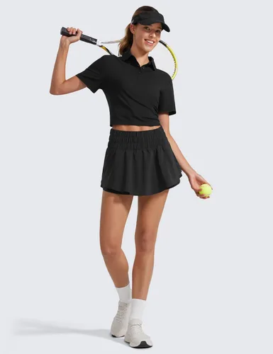 Vista 3 de CRZ YOGA Pantalones cortos deportivos para mujer, de cintura alta, con volantes, superpuesta, para entrenamiento, correr, tenis, con bolsillo