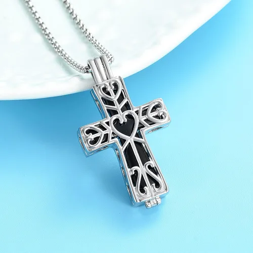 Vista 4 de Oinsi Collar de cremación con cruz de corazón de eternidad para cenizas para mujeres y hombres, de acero inoxidable, recuerdo conmemorativo, collar