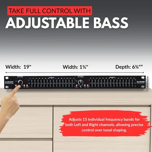 Vista 4 de MUSYSIC Ecualizador gráfico para audio doméstico Ecualizador estéreo de 15 bandas Montaje en rack EQ Ecualizador digital para el hogar, analizador