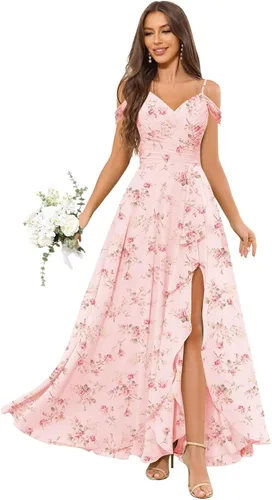 Vista 5 de OFEECHUN Women's Off The Shoulder Long Bridesmaid Dresses for Wedding Chiffon Ruched Formal Evening Gowns with Slit