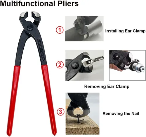 Vista 6 de Alicates de abrazadera de oreja, herramienta engarzadora de pinzas, pinzas de manguera de oreja única para auto ATV UTV, extractor de clavos