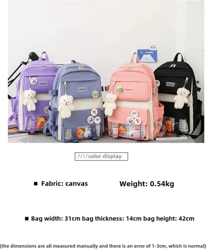 Vista 4 de Juego de mochila Kawaii de 5 piezas, bonita mochila escolar estética, suministros juveniles, conjunto de mochila y accesorios, Mochila púrpura 1