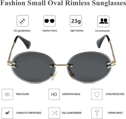 Vista 2 de LASPOR Lentes de sol ovalados retro para mujeres y hombres, a la moda, vintage, de metal dorado, sin marco, lentes tintados, protección UV400