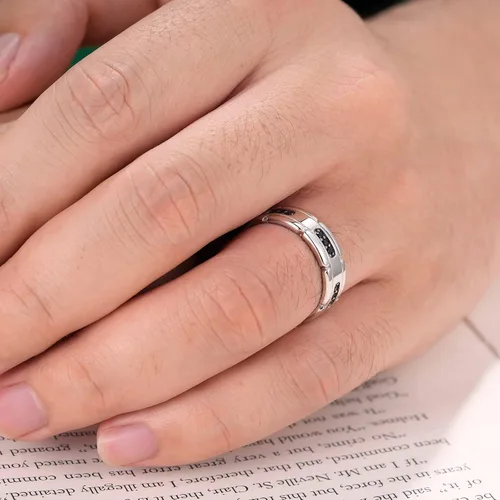 Vista 5 de Anillo de boda de oro blanco para hombre, plata de ley 925 con 13 circonitas cúbicas de corte redondo, anillo de compromiso para él, talla 7-14