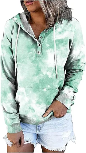 Vista 150 de Sudaderas con capucha para mujer, con cuello de botón, sin botones, con cordón, manga larga, lindas, ropa para adolescentes y niñas