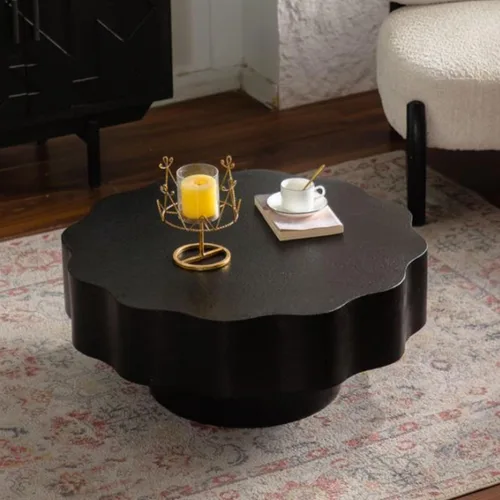 Vista 4 de Mesa de centro redonda de 31.5 pulgadas, moderna mesa de té de madera con forma de borde ondulado, mesa de centro circular de madera de tambor