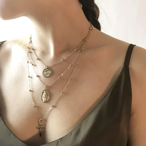 Vista 3 de Tiande - Collar con colgante de cruz de plata, varios capas, diseño de la Virgen María