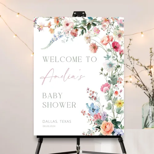 Vista 23 de Letrero personalizado de flores silvestres para baby shower, letrero de bienvenida para baby shower, decoración de fiesta de plástico con estacas