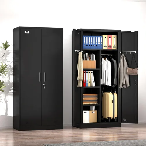 Vista 8 de PAOFIN Armario de metal negro de 71 pulgadas, armario de almacenamiento de ropa para dormitorio con 2 cajones y barra para colgar, armario