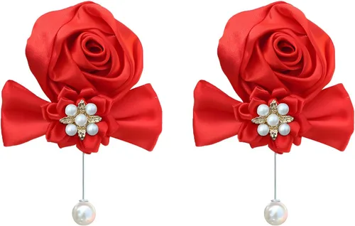 Vista 6 de Boutonniere de rosas de satén, 2 piezas para boda, novio, padrino, padrino, mejor hombre, padre, alfiler de solapa, agujero de botón, flor