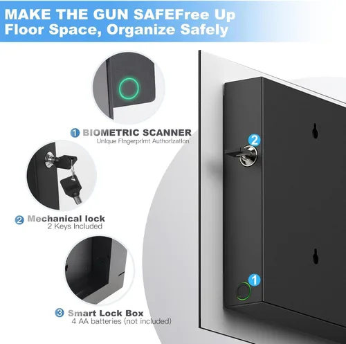 Vista 4 de Caja fuerte biométrica oculta para armas de 2 pistolas, almacenamiento oculto de acceso rápido para armas con soporte móvil y cargador, caja fuerte
