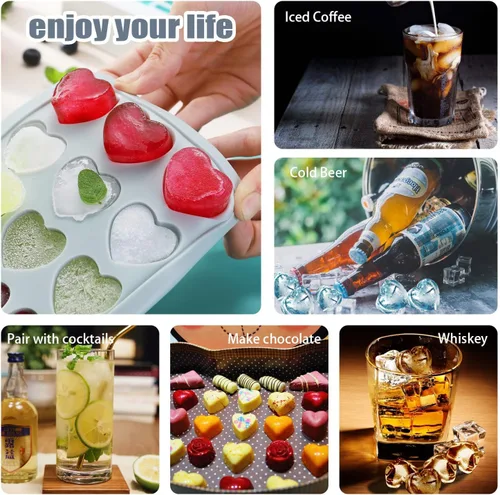 Vista 6 de Bandeja de cubitos de hielo en forma de corazón, molde de silicona de 21 agujeros con tapa extraíble flexible para whisky cóctel chocolate Azul