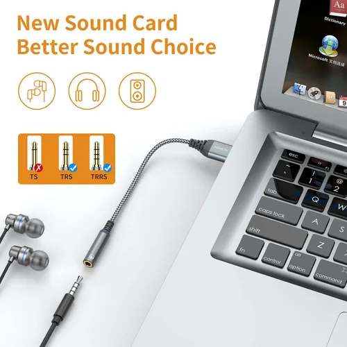 Vista 2 de Adaptador de USB a conector de audio de 3.5mm, convertidor de tarjeta de sonido externa compatible con auriculares, PC, portátil, Mac, computadoras