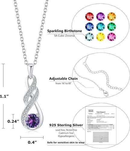 Vista 5 de Birthstone Necklaces for Women 925 Sterling Silver Infinity Pendant Created Gemstone Jewelry for Her, 16"+2