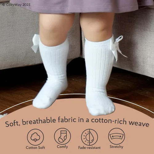 Vista 4 de CozyWay Calcetines altos hasta la rodilla, calcetines largos para recién nacidos, niñas y niños pequeños, uniformes con volantes, medias largas