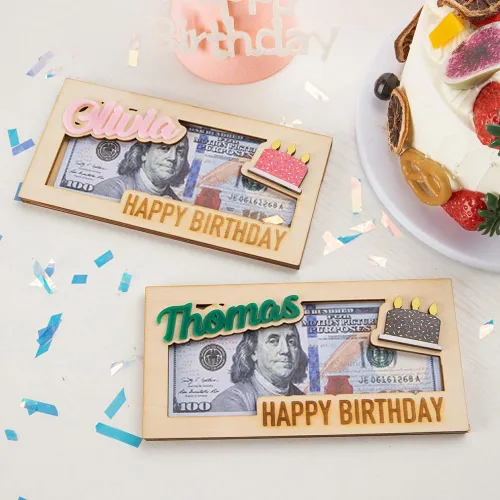 Vista 3 de Sobre de madera personalizado para dinero de cumpleaños, con nombre personalizado, sobre de efectivo, cartera de dinero, sobre de feliz cumpleaños