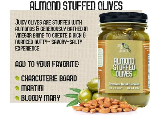 Vista 5 de Green Jay Gourmet Aceitunas Rellenas de Almendra – Aceitunas Verdes Rellenas de Almendra para Decoración de Cócteles y Tabla de Quesos – Aceitunas