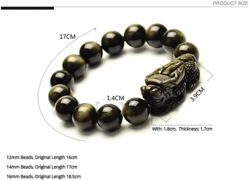 Vista 4 de Pulsera Feng Shui Pixiu Pulsera de dragón de la buena suerte Dije de piedra de energía natural de obsidiana dorada Joyería de pareja Obsidiana