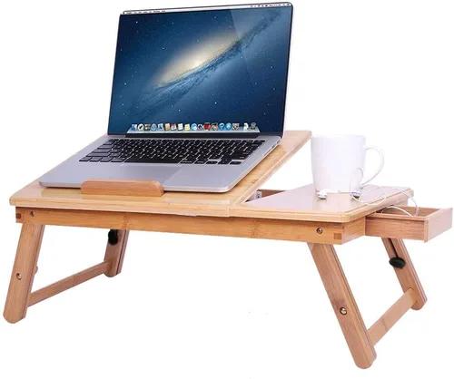 Vista 4 de Bandeja de bambú con patas ajustables Bandeja plegable para servir desayuno Escritorio de regazo con cajón superior inclinable y lateral