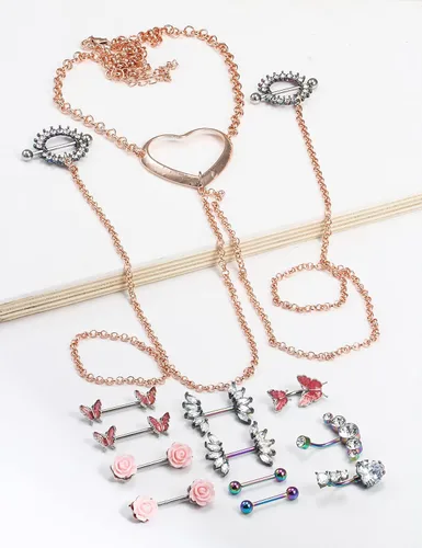 Vista 4 de Pexveiuu - 16 anillos para pezón, cadena y ombligo para mujer, acero quirúrgico, pezón, ombligo, barernas, piercing de barra, Metal, circonita cúbica