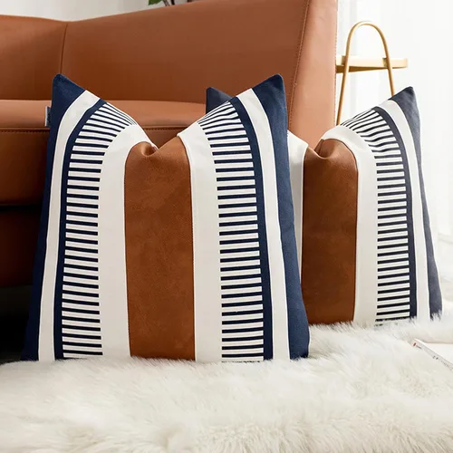 Vista 10 de Juego de 2 fundas de almohada bohemias a rayas de 16 x 16 pulgadas, fundas de almohada de cuero modernas para sofá, cama, decoración de granja