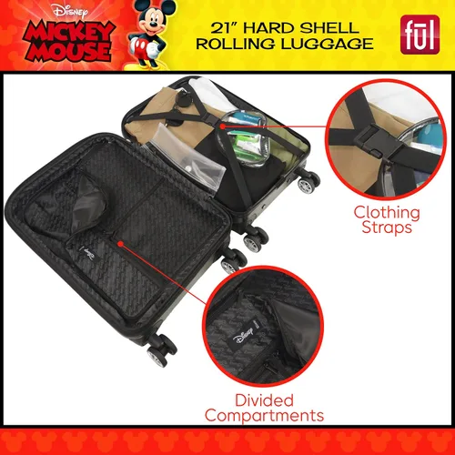 Vista 4 de FUL Disney Mickey Mouse - Maleta rígida moldeada con ruedas giratorias, Negro -, Disney Mickey Mouse - Maleta con ruedas moldeada, carcasa rígida