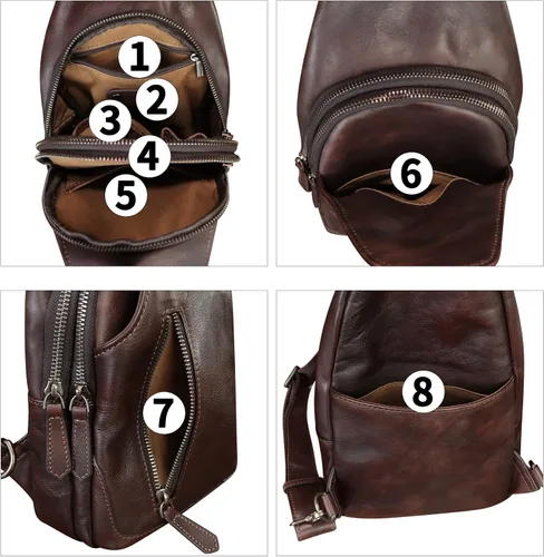 Vista 4 de Bolso de cuero genuino para mujeres y hombres, mochila bandolera de cuero real para el hombro, bolso cruzado en el pecho, Café