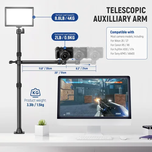 Vista 3 de NEEWER TL253A+DS001 Trípode de cámara de mesa con 2 brazos telescópicos, soporte para teléfono, cabezas esféricas, adaptador de tornillo, soporte