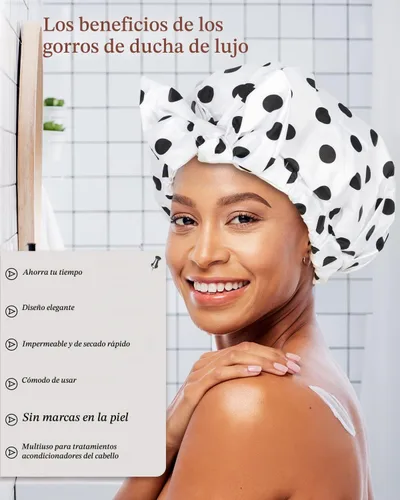 Vista 4 de 2 piezas de gorras de ducha para mujer, gorras de ducha reutilizables impermeables para el cabello con moño ajustable, lujosa gorra de baño para Rosa