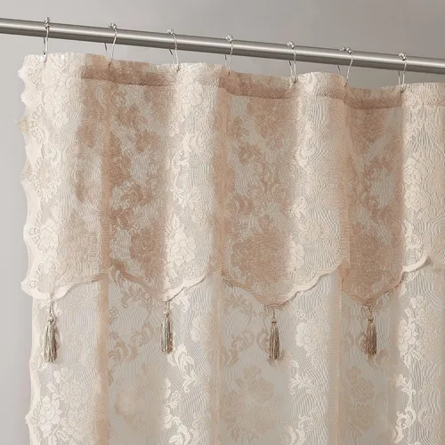 Vista 2 de ASATEX Cortina de ducha de encaje dorado. Cortina de baño de diseño floral clásico de 72 x 84 pulgadas con cenefa adjunta y borlas. Cortinas de Lino