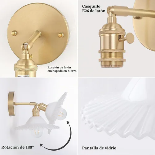 Vista 5 de Shenmoyl Apliques de pared vintage con pantalla de cristal de loto blanco de 180 grados, ajustable, de latón, con cable, moderna lámpara de pared