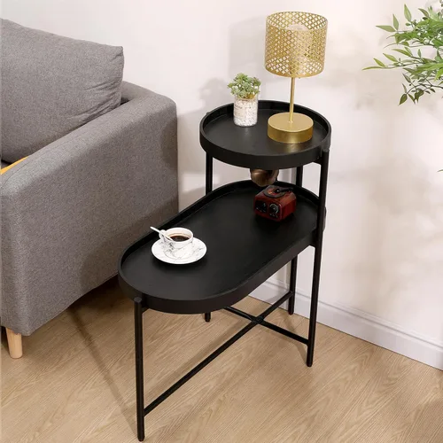 Vista 2 de Mesa auxiliar redonda de 2 niveles con extremo de café irregular, mesa pequeña con marco de metal para sala de estar, dormitorio (negro)
