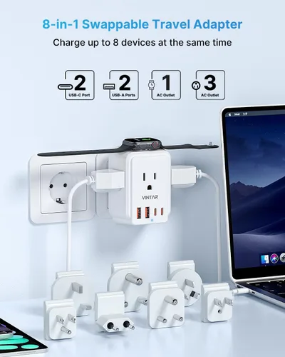 Vista 2 de VINTAR - Adaptador de viaje universal para cargador de Apple Watch, adaptador de corriente internacional con 3 salidas de CA, 4 puertos USB