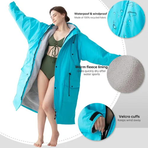 Vista 2 de Parka de natación impermeable cálida para adultos, bata cambiadora con capucha de gran tamaño, poncho de invierno de felpa para deportes acuáticos