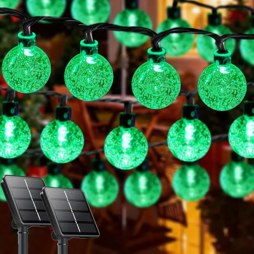 Vista 19 de LORRYTE Tira de luces solares para exteriores, 50 luces LED de 32 pies, impermeables, con energía solar, luces de globo de cristal para exteriores