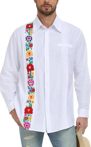 Vista 2 de YZXDORWJ Camisas mexicanas para hombre, camisa de guayabera cubana, casual, manga larga, bordada, de lino, para verano, playa