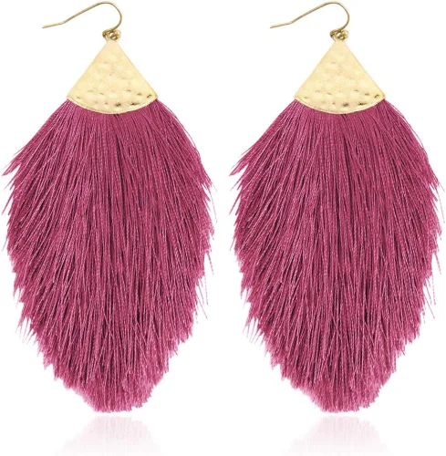 Vista 36 de Aretes bohemios de hilo sedoso con flecos y borlas – Ligeros, colgantes, con hebras y forma de pluma Fleco de plumas - Azul Aqua