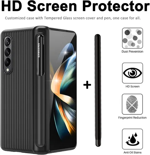 Vista 4 de Miimall Funda compatible con Samsung Galaxy Z Fold 4 con S Pen, protector de pantalla frontal, diseño de rayas verticales, funda con bisagras