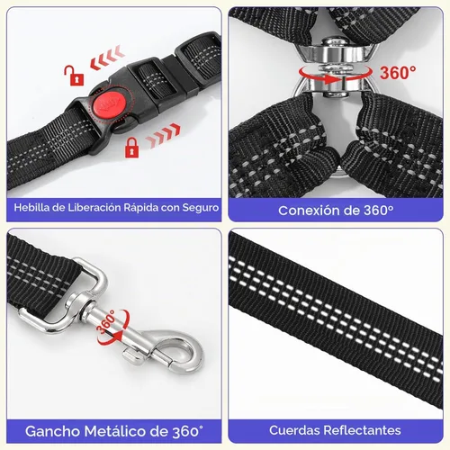 Vista 6 de Cinturón de seguridad para perros Pawaboo para coche, cinturón de seguridad para mascotas con reposacabezas y doble correa, 360° sin enredos para 2