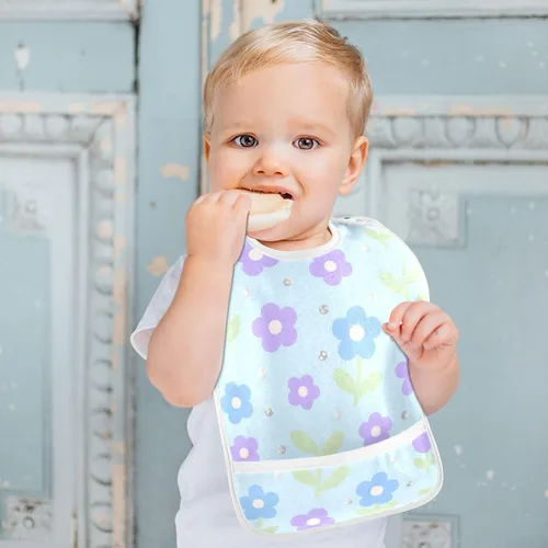Vista 6 de Adjustable Baby Drooling Bibs with Button Snap 2 Pack Teething Feeding Lovely Blue-purple Flowers baberos para nino paquete
