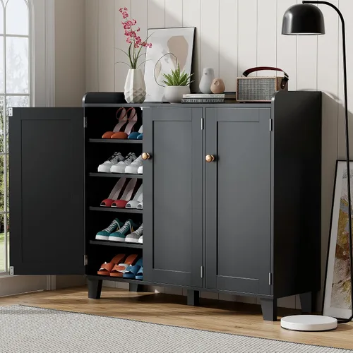 Vista 9 de Zapatero de estante plano con puertas, armario de almacenamiento de zapatos de 6 niveles con estantes ajustables, zapatero de madera para zapatos