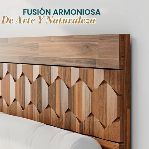Vista 5 de Bme Georgina - Marco de cama tamaño Queen con cabecero y diseño geométrico artesanal distintivo, diseño con patente estadounidense pendiente, madera