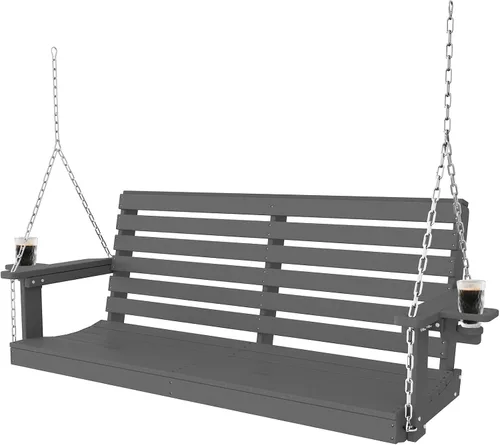 Vista 10 de Plawdlik Columpios de porche, silla de patio de 2 asientos con dos portavasos, banco impermeable de polietileno de alta densidad para patio
