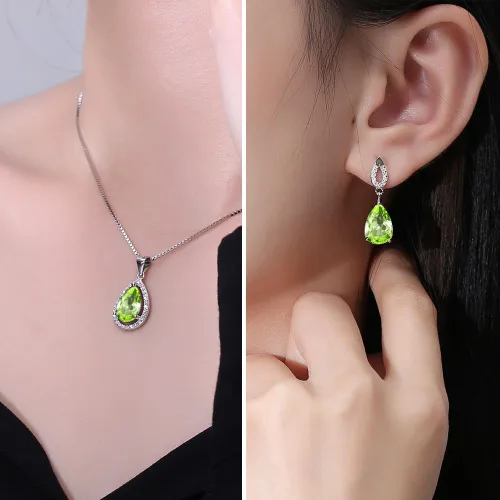 Vista 4 de JIANGXIN Juego de joyería con colgante de lágrima de piedra de nacimiento en plata de ley 925 chapada en rodio para mujeres, con pendientes