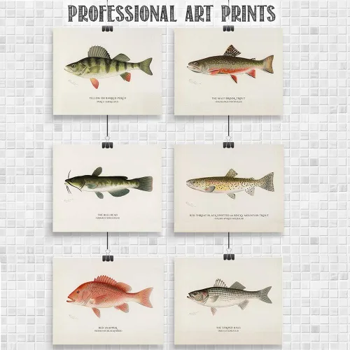 Vista 6 de Pescado - Póster vintage de pesca y playa en el océano, impresión de casa del lago y cabaña, impresión artística educativa, regalo para pescadores