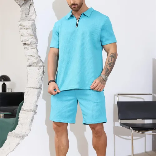 Vista 2 de PICKLION Conjunto deportivo de 2 piezas con cremallera para hombre, camiseta polo y pantalones cortos, conjunto casual de verano de manga corta