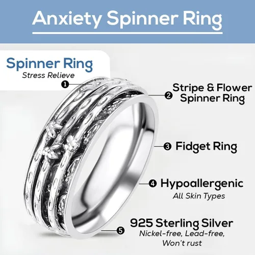 Vista 5 de 925 Sterling Silver Spinner Anxiety Fidget Ring for Women 3 rayas y flores