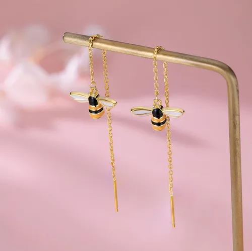 Vista 5 de SLUYNZ Pendientes colgantes de abeja de 925 plata de ley sólidos para mujeres y adolescentes, aretes de gota de abeja de miel, enhebradores con 18K