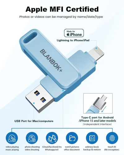 Vista 2 de Unidad flash de 256 GB con certificación MFi para iPhone Photo Stick, memoria USB iPhone para fotos y videos, almacenamiento externo de alta Azul
