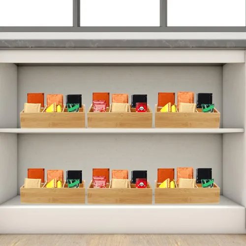 Vista 7 de Maitys Organizador de almacenamiento dividido de bambú, contenedor de bambú con 6 compartimentos, contenedor de almacenamiento de alimentos, caja